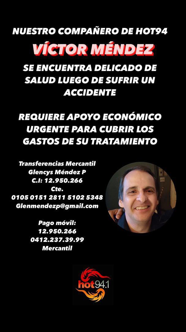 victoramaya's tweet photo. El colega @victormendez, hombre de radio y del rock, tuvo un accidente de tránsito y necesita ayuda para recuperar su salud. Está hospitalizado y puede salir adelante si lo acompañamos. Ayudemos. https://t.co/lrGzMQ1Yt1