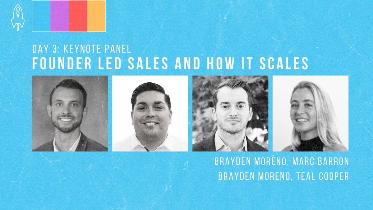 StartupSanDiego's tweet photo. Keynote panel for Day 3: Founder Led Sales and How it Scales, ft: 

✨ Brayden Moreno, @ROBO3D 
✨ Marc Barron, @coursekeyedu 
✨ Michael Millstein,  @LabsBoost 
✨ Teal Cooper, @VendiBean 

Get Tickets: https://t.co/57GpVCqo2k

Use the code flash20 at checkout

#SDSW2022 https://t.co/F2bgfL2374