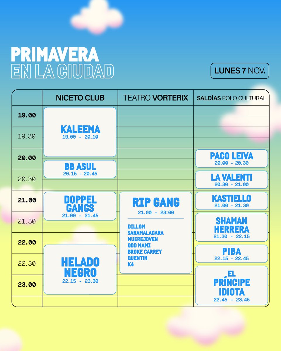 ¡Conocé la grilla de horarios de los shows de #PrimaveraEnLaCiudad! 🗓
Primavera Sound Buenos Aires atravesará la ciudad con diferentes shows y actividades.
¿Estás preparado? 💐