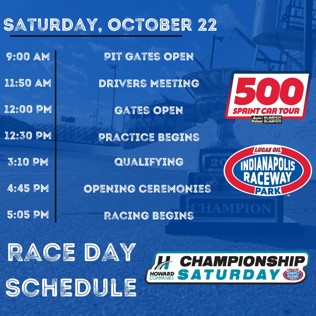 500SprintTour's tweet image. Its RACE DAY for the last time in 2022!

We are less than 10 hours away from crowning a champion!

Here is today's schedule for @HowardCompanies Championship Saturday at @RaceIRP!

Buy 🎟 Here: bit.ly/ChampionshipSa…