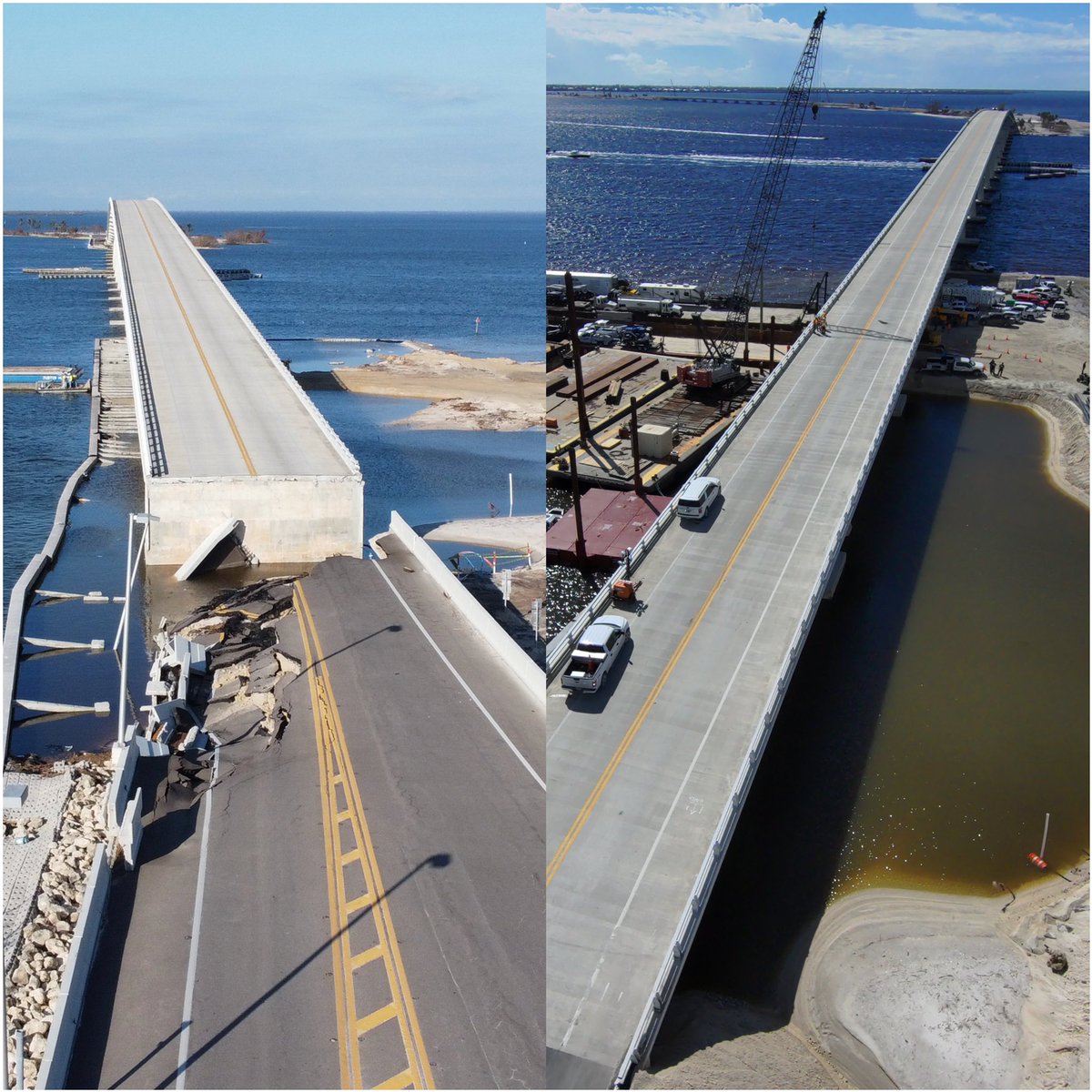 En solo tres semanas reconstruyeron el puente Sanibel Causeway en Florida, que había sido destruído por la marejada ciclónica que causó el paso del huracán Ian el 28 de septiembre. 

¿Qué opina? #JPD 
Fotos vía gobernador de Florida