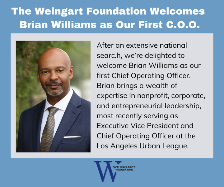 Weingart_Fnd's tweet photo. Welcome Brain Williams as our incoming C.O.O. where he will play an instrumental role in driving the Foundation’s operational excellence and maintaining a work environment that reflects our mission and values.  (1 of 2 ) https://t.co/4bGaCj4bHc