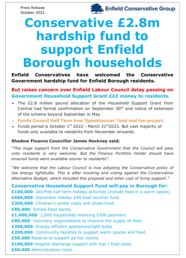 Conservative Government support for residents that will be passed through via Enfield Council.

#Enfield #Edmonton #BushHillPark #PondersEnd #Haselbury #Jubilee