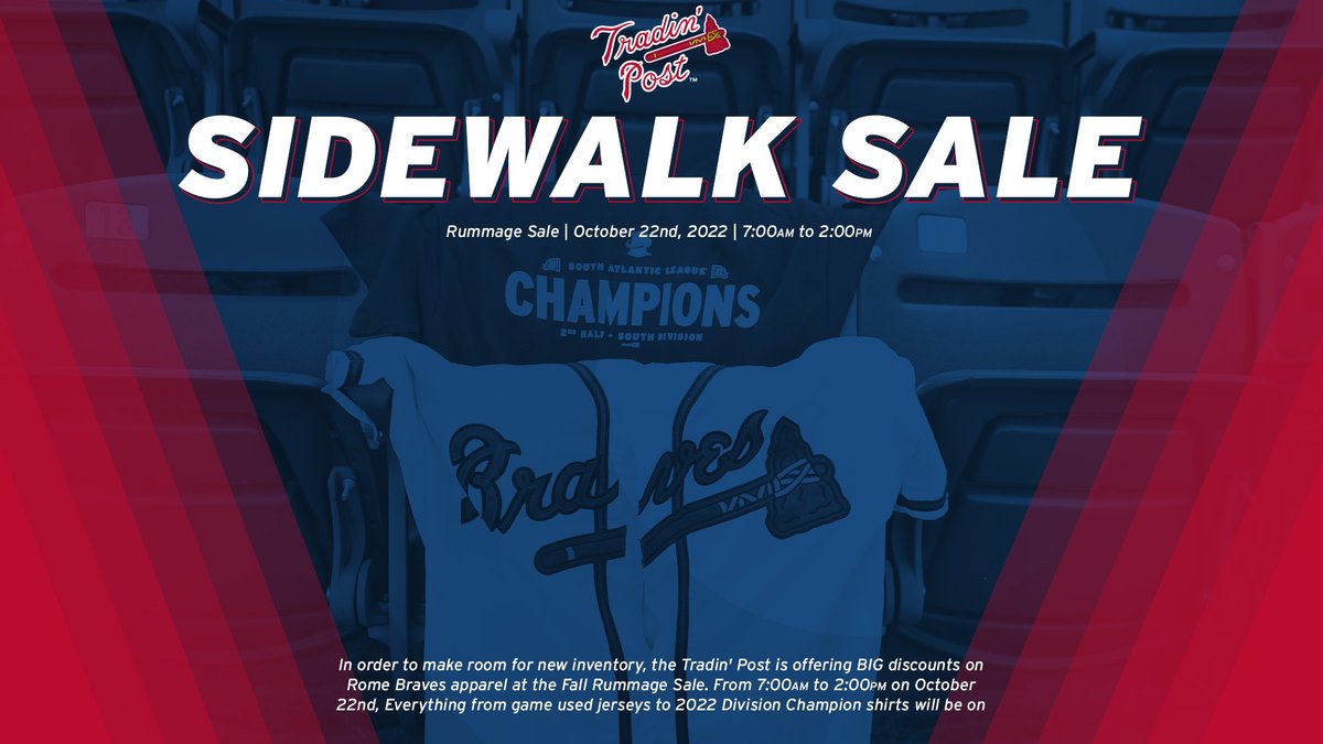 🚨BREAKING🚨 The Tradin' Post is offering BIG discounts on Rome Braves apparel at the Fall Rummage Sale! From 7:00am to 2:00pm on October 22nd, everything from game used jerseys to 2022 Division Champion shirts will be on sale. Don't miss out!