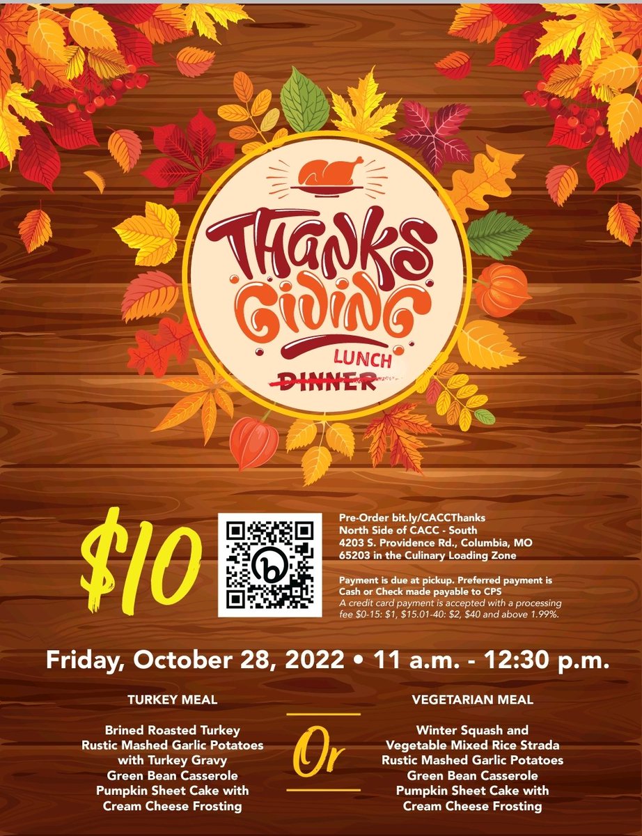 Thanksgiving meal from CACC Culinary. Friday 10/28/22, 11:00 am - 12:30 pm. Order form link with and info docs.google.com/forms/d/e/1FAI…
Limited amount of meals available.