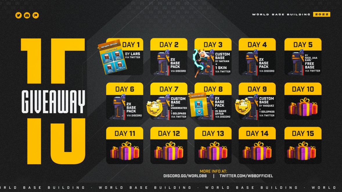 🎉| TH15 Celebration #Giveaway #9

🎁 | To win: 1x Gold pass + 1x Custom TH15 base

🗳️ | How to participate:

1️⃣ Follow: @wbbofficiel &amp; <a href="/vasquez_bar18/">~FJ Vasquez🤙</a>
2️⃣ ❤️ &amp; 🔃
3️⃣ Tag 2 Friends 

‼️ | Join discord.gg/worldbb for our upcoming giveaway #10!

🍀 | Draw In 4 Days, GL!

#TH15