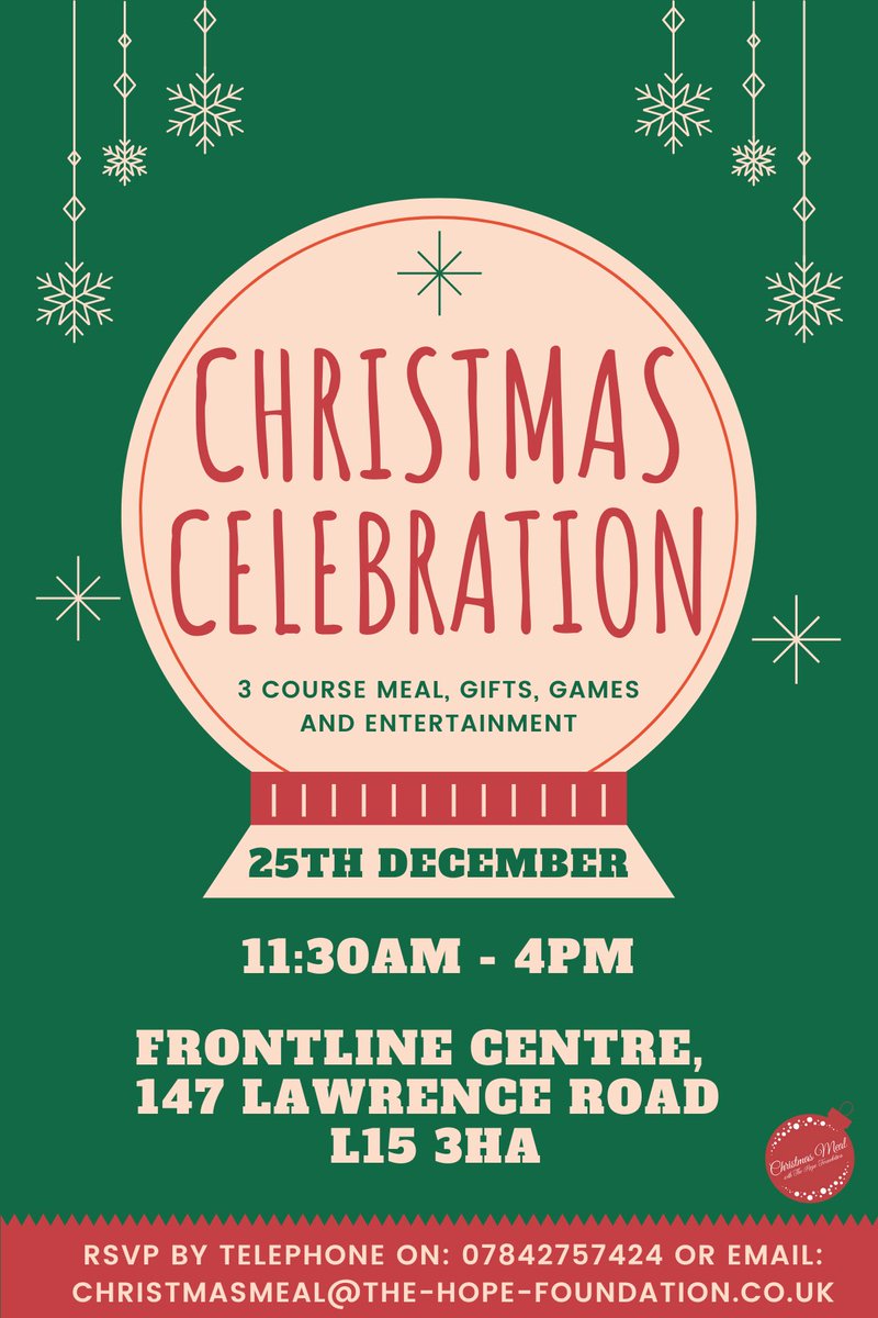 This Christmas Day meal is organised by our partners The Hope Foundation and will happen at the Frontline Centre from 11.30am-4pm. All referrals need to be made by email to christmasmeal@the-hope-foundation.co.uk or using the phone number below. #Christmas