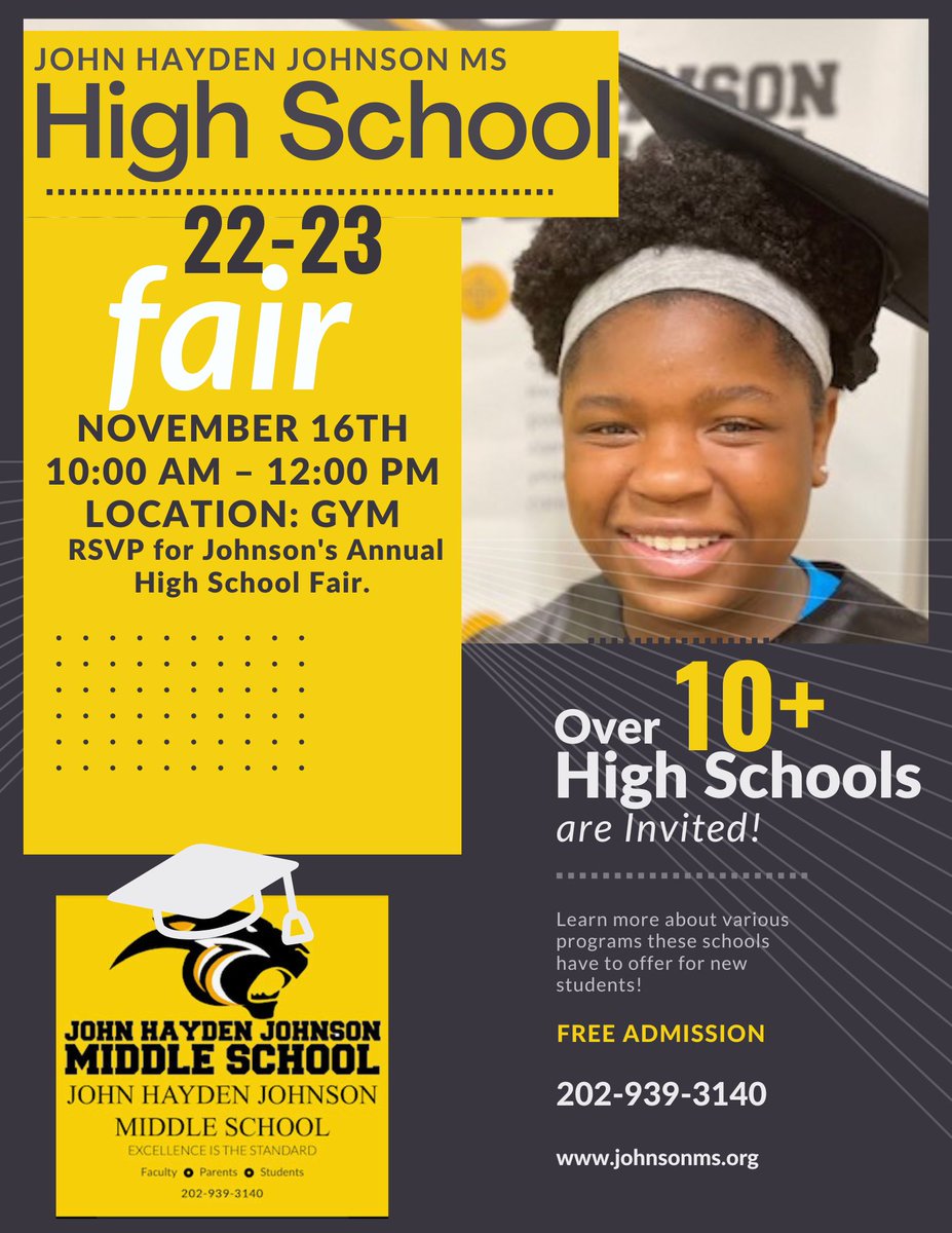 It's that time of year 8th Grade Families!  Please RSVP for Johnson's Annual High School Fair using the form below. The fair will take place on Wednesday, November 16, 2022, from 10:00 am – 12:00 pm in the Gymnasium.
<a href="/dcfamengagement/">DCPSFamilyEngagement</a> <a href="/pantherguardian/">pantherguardianspto</a>
