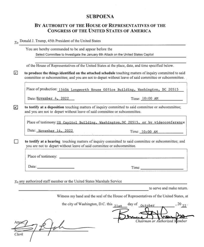 🚨The Jan. 6 Committee just subpoenaed Trump. They want him to give a deposition on November 14.