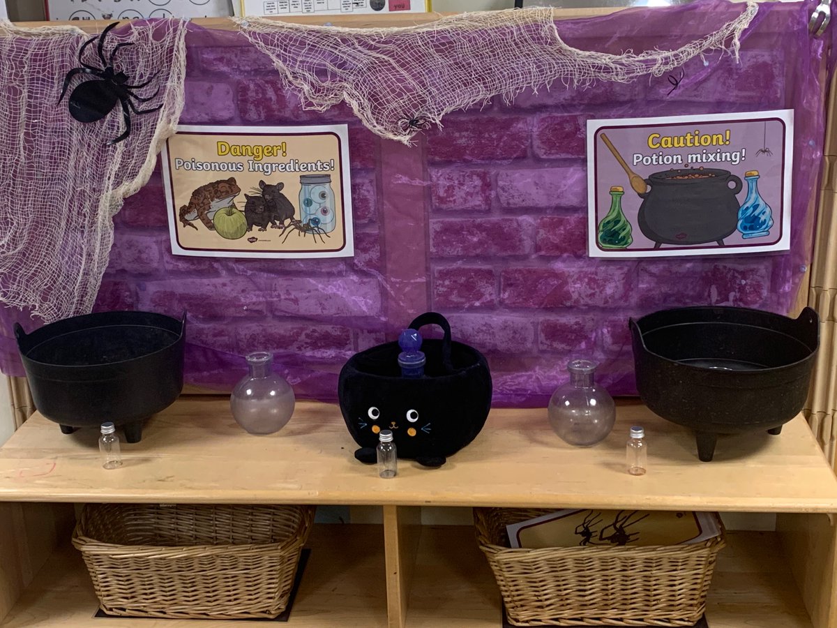 ACottamTindal's tweet photo. Reception Creativity is ready for Halloween! Can’t wait to see the children write some scary CVC words and create some magical potions!🧪 #Halloween  #markmaking #Potions #Reception #arktindal #EYFS #classroomenvironments https://t.co/RVclBIFfS7