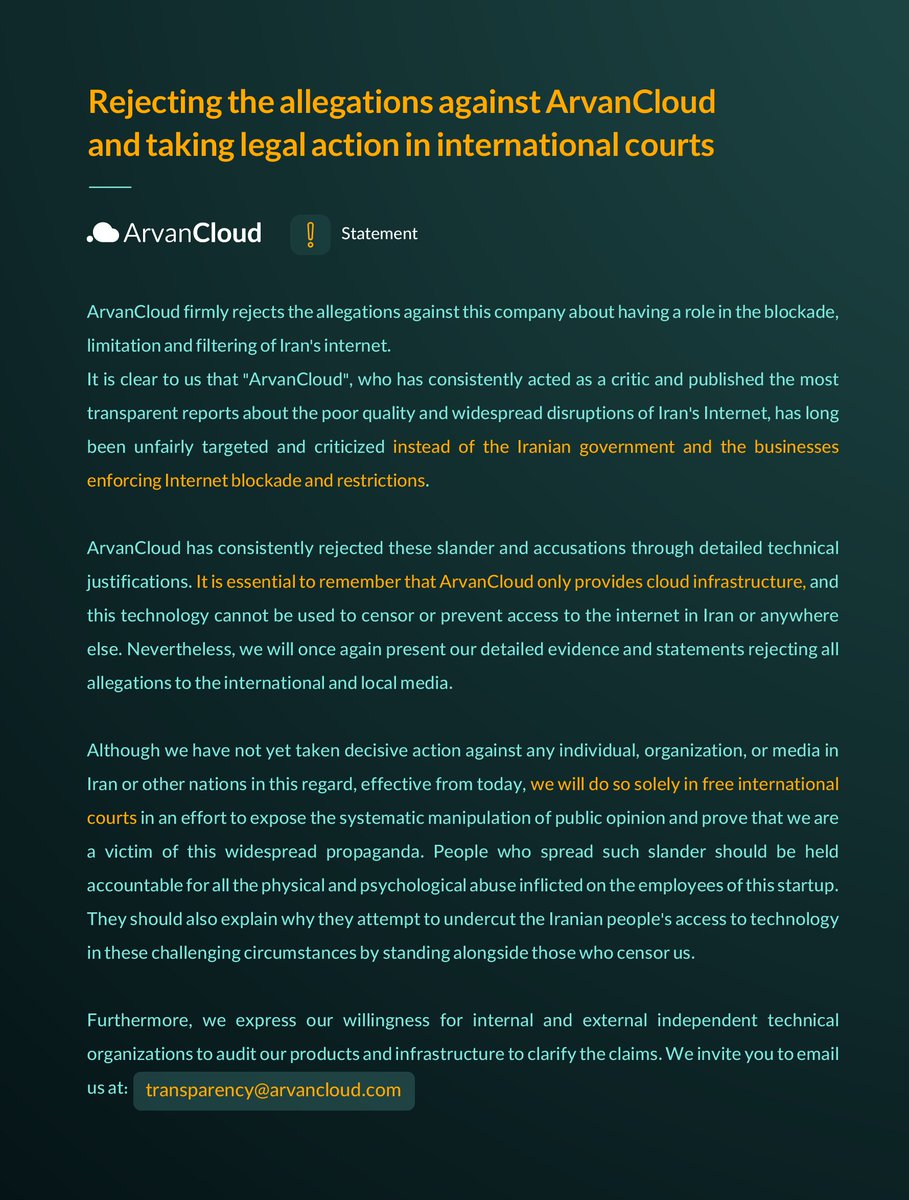 Rejecting the allegations against ArvanCloud and taking legal action in international courts

#ArvanCloud firmly rejects the allegations against this company about having a role in the blockade, limitation and filtering of Iran's internet.

r1c.io/Lkjm