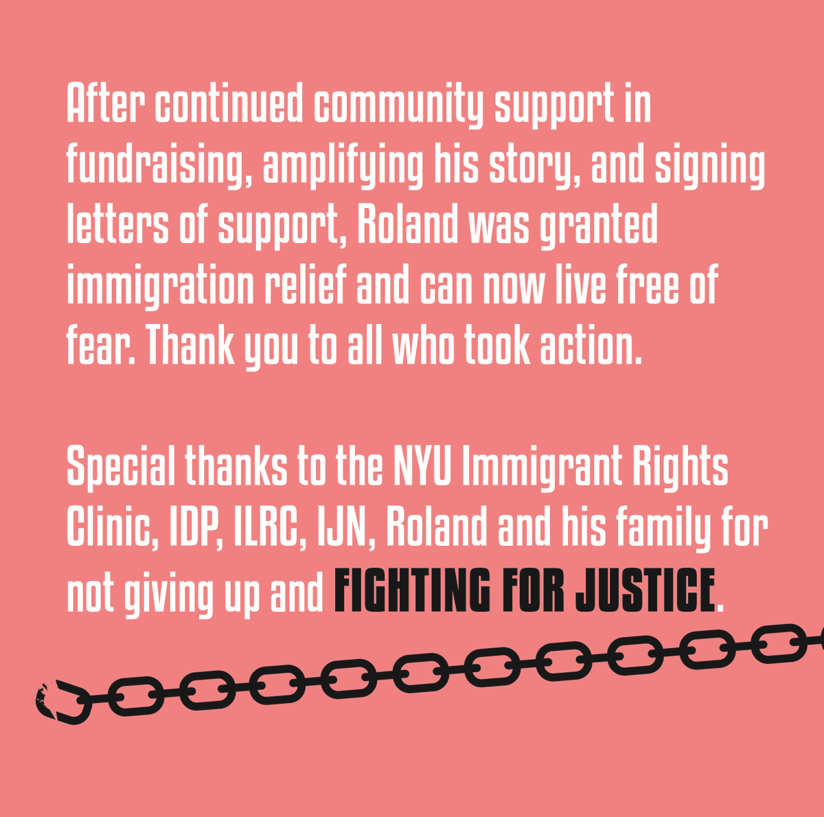 ImmJustice's tweet photo. Thank you to all who took action to make sure Roland was able to stay with his family and community. Roland is finally free! #KeepRolandHome https://t.co/urkl6MsWfY