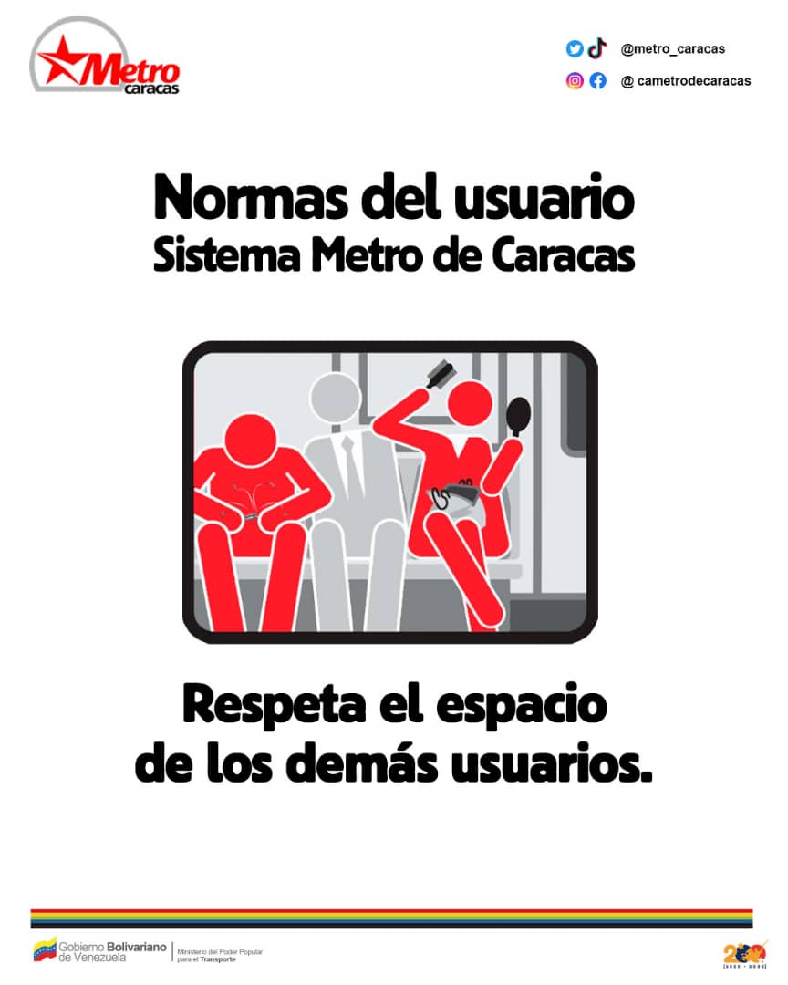 📌 #CumpleLasNormas ¡Recuerda! No viajas solo, evita obstaculizar los asientos en el tren. #ElMetroSeMueveContigo #ElMetroRenace @NicolasMaduro @rvaraguayan @duboulayperozo