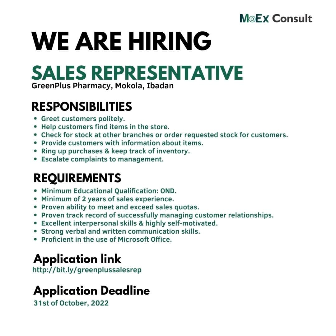 We are #hiring a #pharmacist &amp; #salesrep for GreenPlus Pharmacy, Mokola, Ibadan. Interested &amp; qualified candidates should apply via the links below

Pharmacist: bit.ly/greenpluspharm…

Sales Rep: bit.ly/greenplussales…

Application Deadline: 31st October, 2022

#staffing #asuu