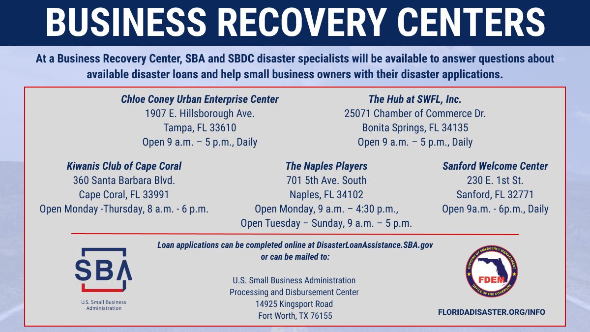 Need assistance due to losses your small business suffered from #HurricaneIan? ⬇️ You can visit one of 5 Business Recovery Centers (BRCs) where @SBAgov & @FloridaSBDCN disaster specialists will be available to answer questions. For info & BRC openings - floridasbdc.org/disaster/loan-…