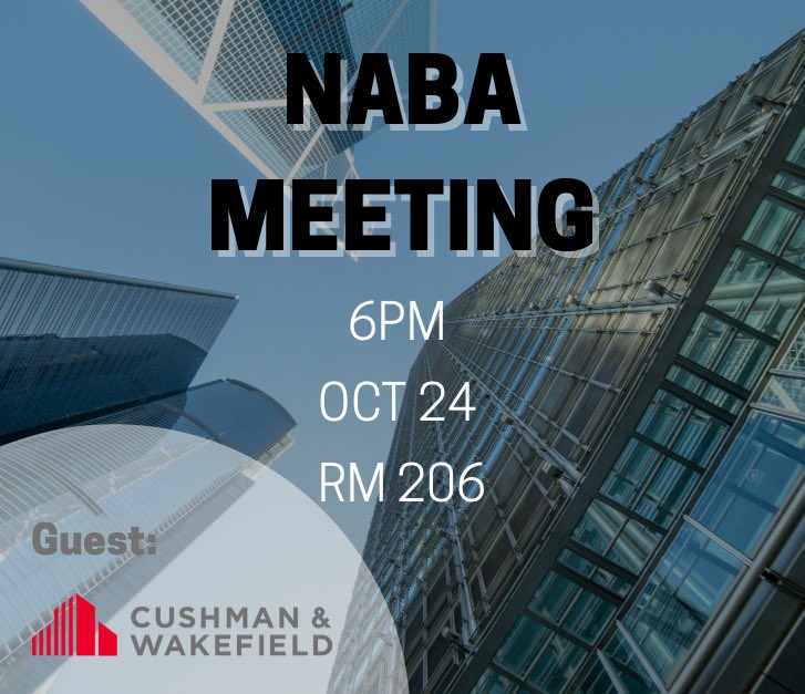 Hey NABA Fam👋! Another week, another NABA. We will be meeting with Cushman &amp; Wakefield is a leading global real estate services firm Interested in learning more about them and opportunities within their company? Come out to room 206 (Cornell Hall), this upcoming Monday!