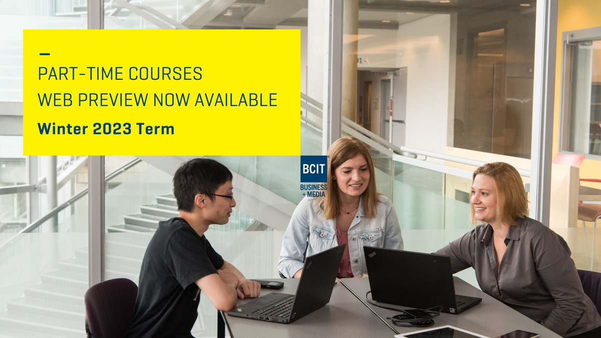 Start with a course, and finish with a degree at BCIT Business + Media. 

The web preview of part-time courses in business and media for the upcoming Winter 2023 term is now available. Check out what we have to offer. Take your career to the next level.  bit.ly/3w1S8E6