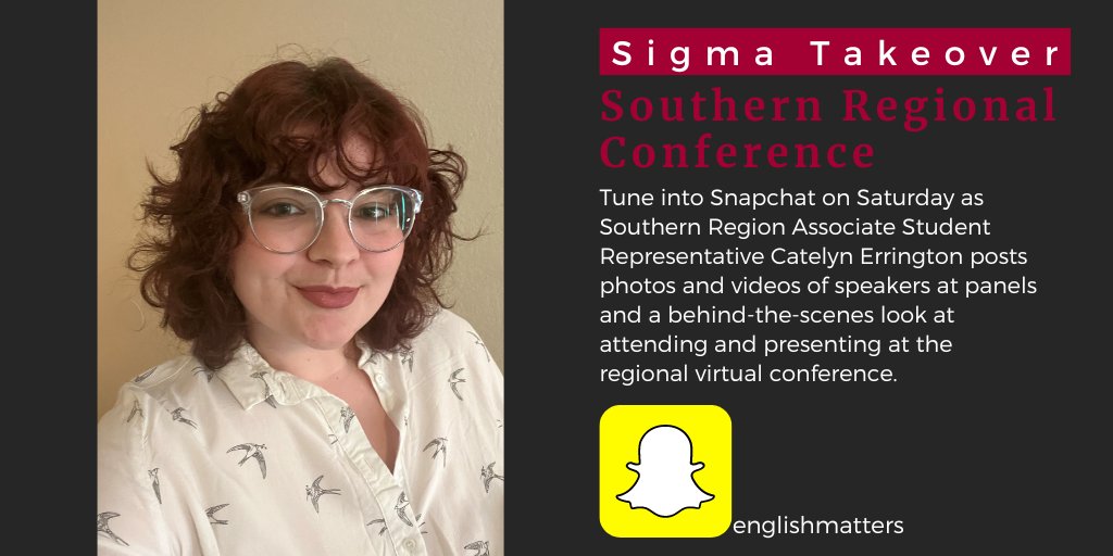 EnglishCon's tweet photo. Tune into Snapchat on Saturday as Catelyn Errington posts photos and videos of speakers at panels and a behind-the-scenes look at attending and presenting at the regional virtual conference. #SigmaTakeover #SocialMediaTakeover #CelebrityTakeover #EnglishHonor #SRC22 https://t.co/2V7CCffUrJ