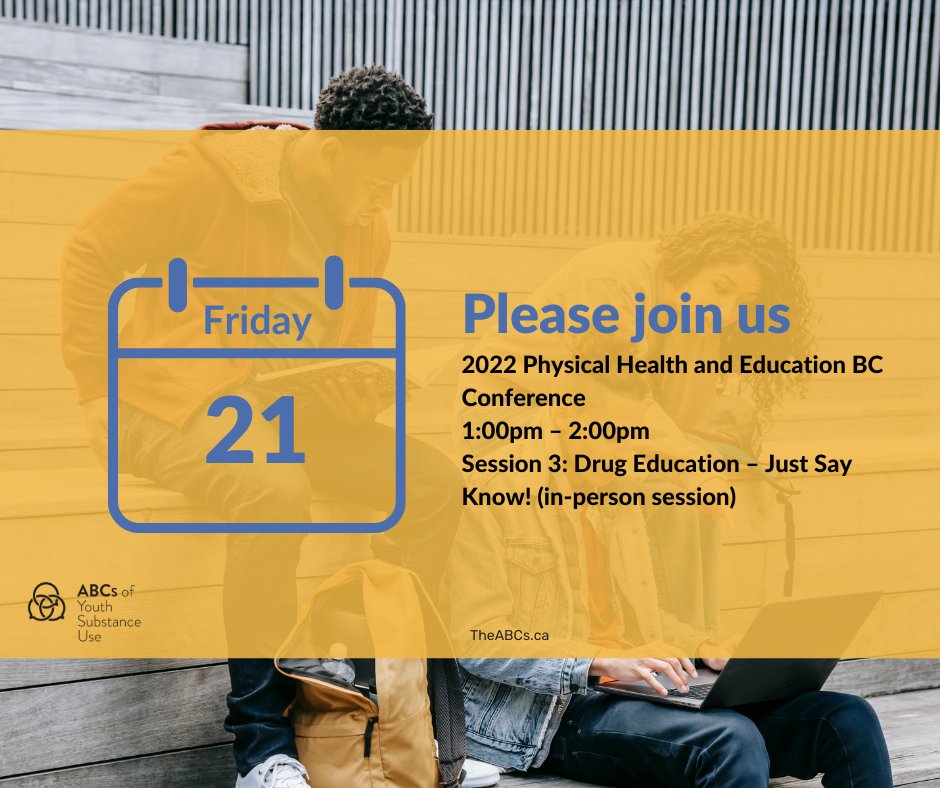 ABCsofYSU's tweet photo. Join us TODAY for the 2022 Physical Health and Education BC Conference
Session 3: Drug Education – Just Say Know! (in-person session)

Friday October 21, 2022
1:00pm – 2:00pm

Register here: https://t.co/WEbStCWZ9g

#substanceuse #youth #healthcare #education #event https://t.co/hQcsicKtSo