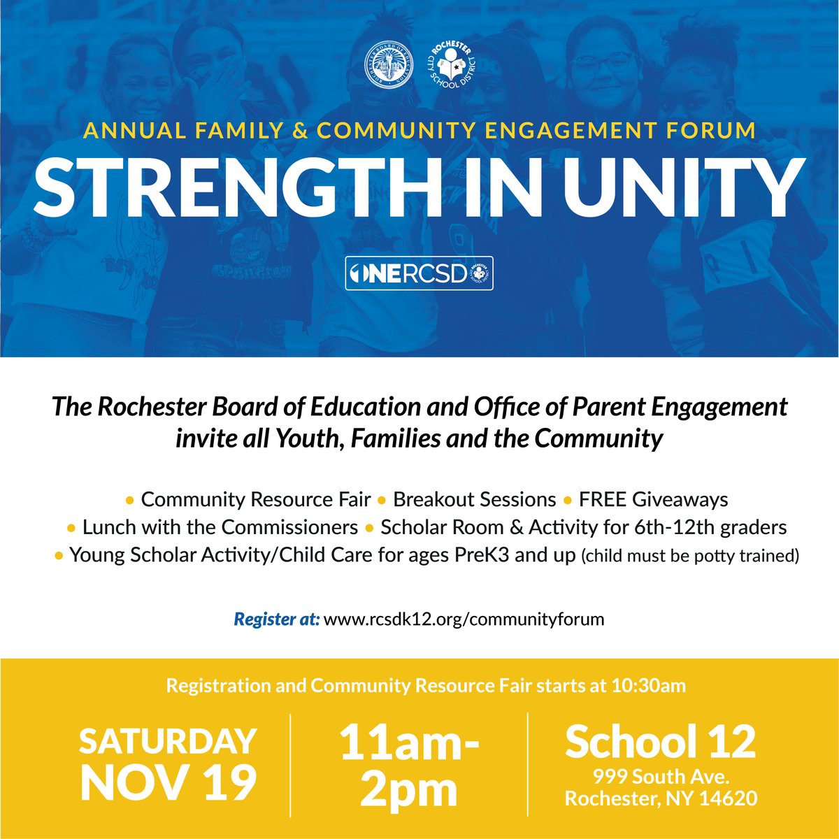 The Rochester Board of Education and Office of Parent Engagement are hosting a family and community engagement forum on Saturday, November 19, from 11:00 a.m. - 2:00 p.m. at @RCSDAMDA. Visit the link for more details, including registration rcsdk12.org/communityforum #ONERCSD