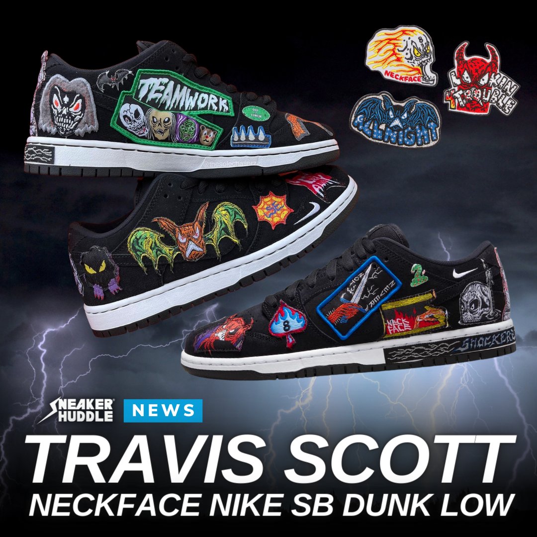 sneakerhuddle's tweet photo. Travis Scott spotted in the upcoming Neckface x Nike SB Dunk Low releasing October 27th at local skate shops. https://t.co/vwTdm989ec