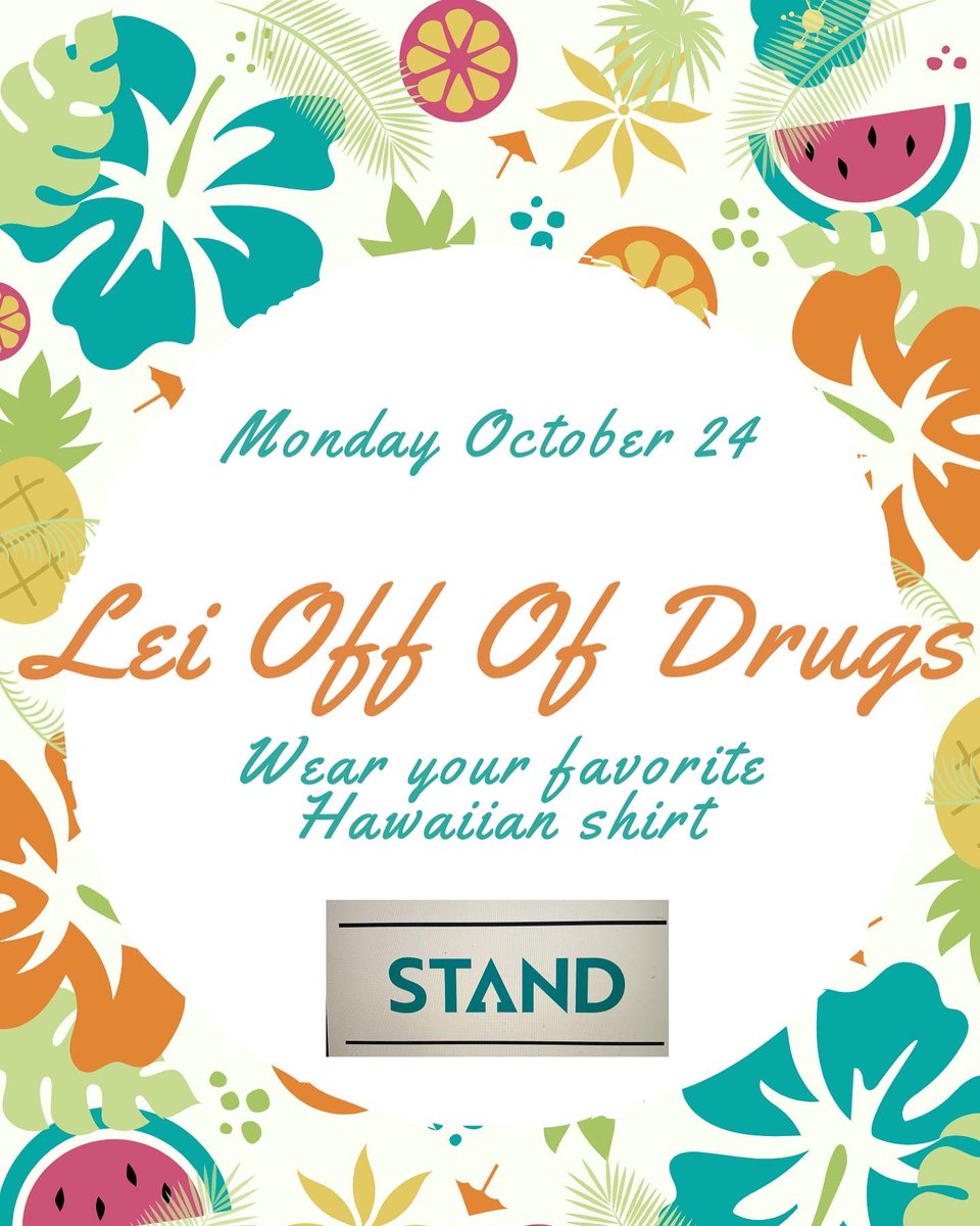 The FUN starts Monday, Oct 24! Check out the Dress Up Days for Drug-Free Dragon Week (aka Red Ribbon Week)! Oct 24-28  Monday wear your Hawaiian shirt! #440Proud