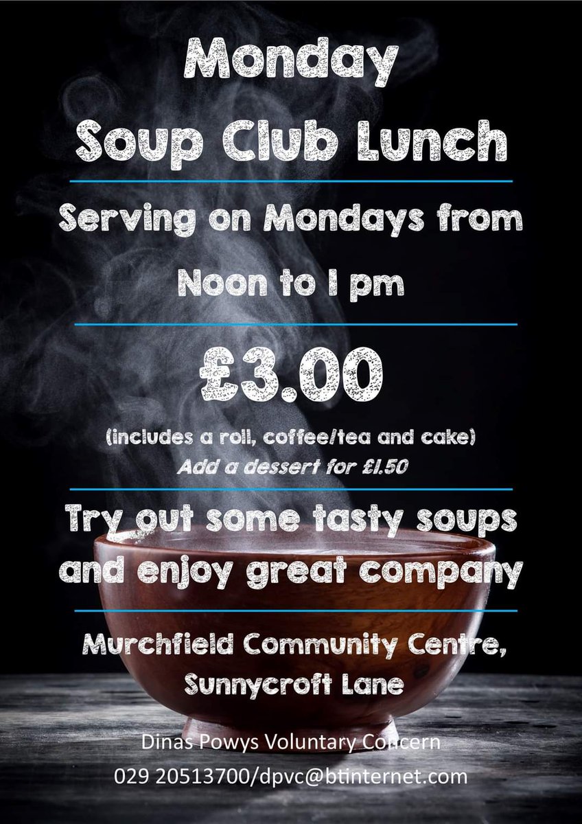 We're really looking forward to our first ever soup lunch on Monday 24th Oct! Lots of interest and we've got some lovely cake! If you'd like to join us, let us know 02920513700 @JaneHutt @GVolServices @VOGCouncil
