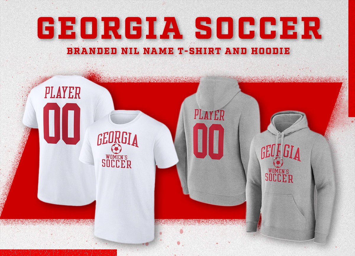 🚨 NEW UGA SOCCER NIL MERCH 🚨 Georgia soccer-branded NIL shirts and hoodies are now available! Order a shirt or hoodie with your favorite student-athlete's name and number on the back! Shop here: 🛒 gado.gs/9pa #Driven // #GoDawgs