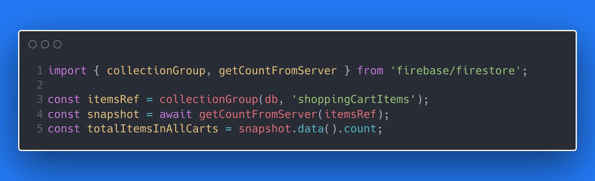 _davideast's tweet image. Firestore&apos;s COUNT is a perfect match for collection group queries. 

1️⃣ Need the count of items in one shopping cart? Easy. 
2️⃣ But what about ALL shopping carts? Still easy.

Leaning into Firestore&apos;s hierarchical design is easier than ever.