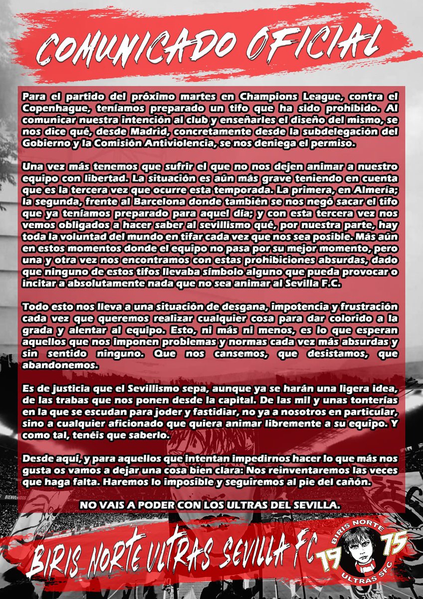 BrigadaTifo's tweet photo. COMUNICADO OFICIAL
21/10/22

¡¡NO VAIS A PODER CON NOSOTROS!! https://t.co/nnlsB2JQCc