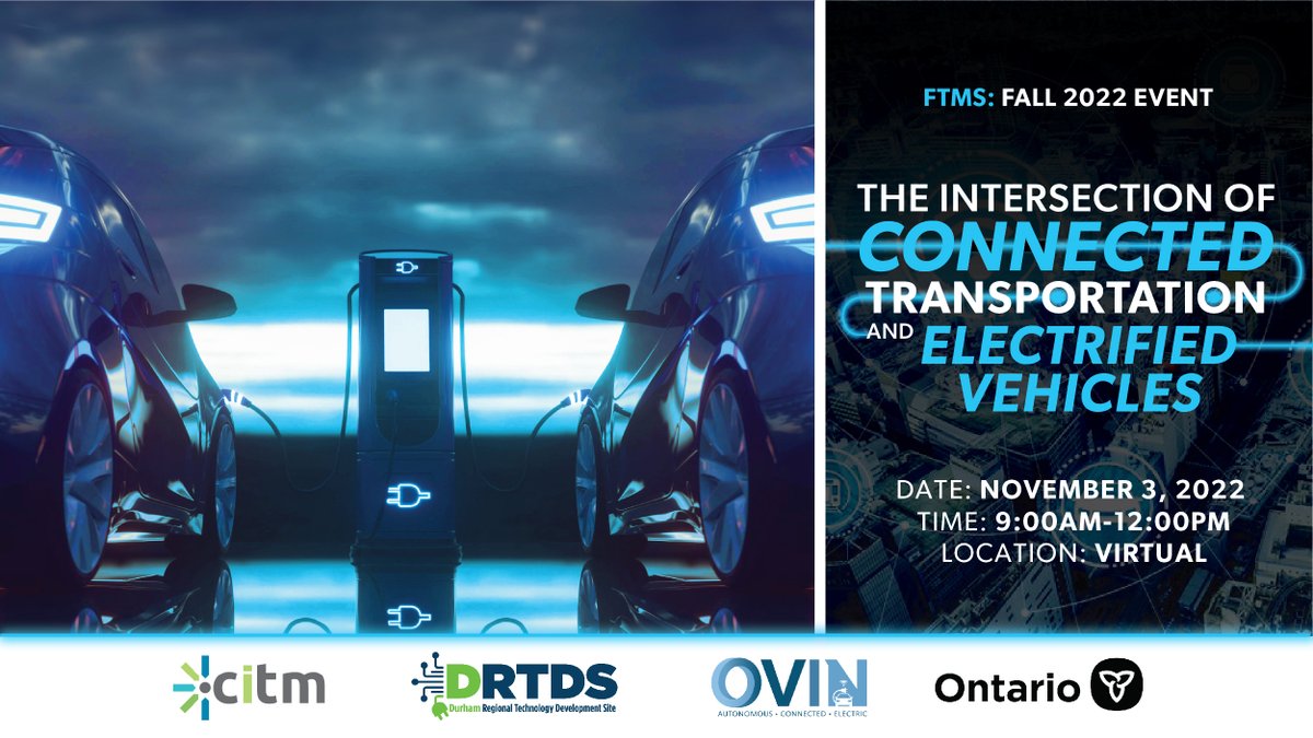 Meet <a href="/CITM_Canada/">Centre for Integrated Transportation and Mobility</a> &amp; <a href="/Durham_RTDS/">DurhamRTDS</a> at “The Intersection of Connected Transportation &amp; Electrified Vehicles” Nov. 3, for a deep dive into how we’re advancing smart, connected &amp; sustainable #transportation! 
Register today: bit.ly/3gi6gUy