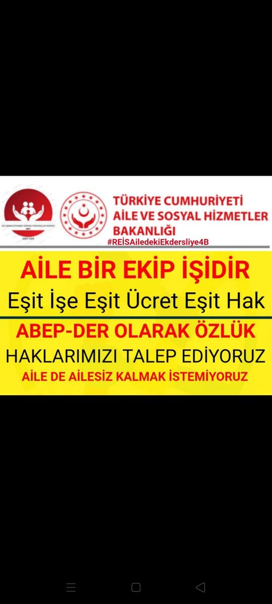 <a href="/ABEPDERNEK/">ABEP-DER</a> <a href="/RTErdogan/">Recep Tayyip Erdoğan</a> <a href="/NumanKurtulmus/">Numan Kurtulmuş</a> <a href="/vedatbilgn/">Vedat Bilgin</a> <a href="/ssbsemihdurmus/">Semih Durmuş🇹🇷</a> <a href="/deryayanikashb/">Derya Yanık</a> Aile Bakanlığına bağlı kurum ve kuruluşlarda 657 sayılı kanun 89Maddesi uyarınca 
ekders ücreti karşılığında çalışan tüm personeller Sözleşmeli personel statüsüne geçirilmesi elzemdir #AiledekiEkdersliyeSahipÇık
<a href="/NumanKurtulmus/">Numan Kurtulmuş</a> <a href="/vedatbilgn/">Vedat Bilgin</a> <a href="/ssbsemihdurmus/">Semih Durmuş🇹🇷</a>  <a href="/deryayanikashb/">Derya Yanık</a>