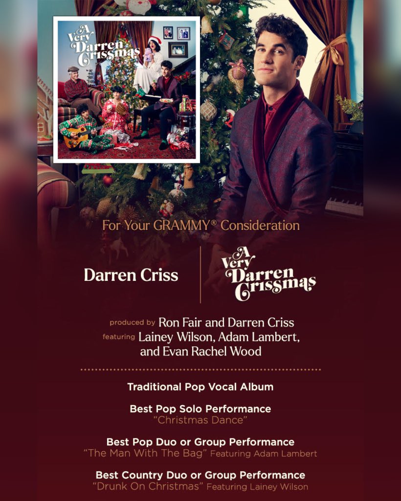 DarrenCriss's tweet photo. Released this very personal labor of love about a year ago, and now very humbled and mind-blown that it’s up for GRAMMY® consideration. Big thanks to all the incredible folks who made A Very Darren Crissmas! https://t.co/0KZOljZeVH