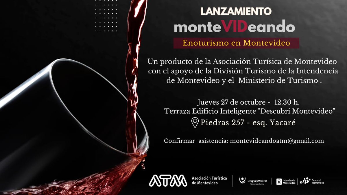 minturuy's tweet photo. 👉 Participarán diferentes bodegas, agencias de viajes y empresas de transporte turístico de pasajeros.
📧 Confirmar asistencia por correo a montevideandoatm@gmail.com
ℹ Más info: https://t.co/xUQusNxQyz
#UruguayNatural
#Enoturismo
#Montevideo
#Lanzamiento
#Montevideando https://t.co/OfLogNFgq7