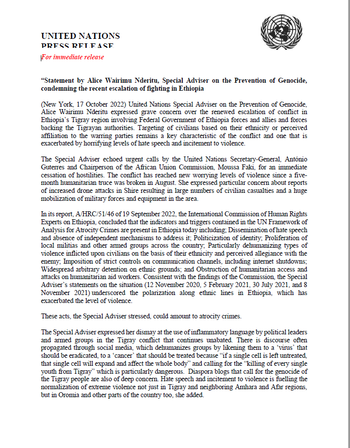 Tmhtvnews's tweet photo. United Nations Special Adviser on the Prevention of Genocide, Alice Wairimu Nderitu expressed grave concern over the renewed escalation of conflict in Tigray region involving Federal Government of Ethiopia forces and allies and forces backing the Tigrayan authorities. https://t.co/QSAdRJZETj