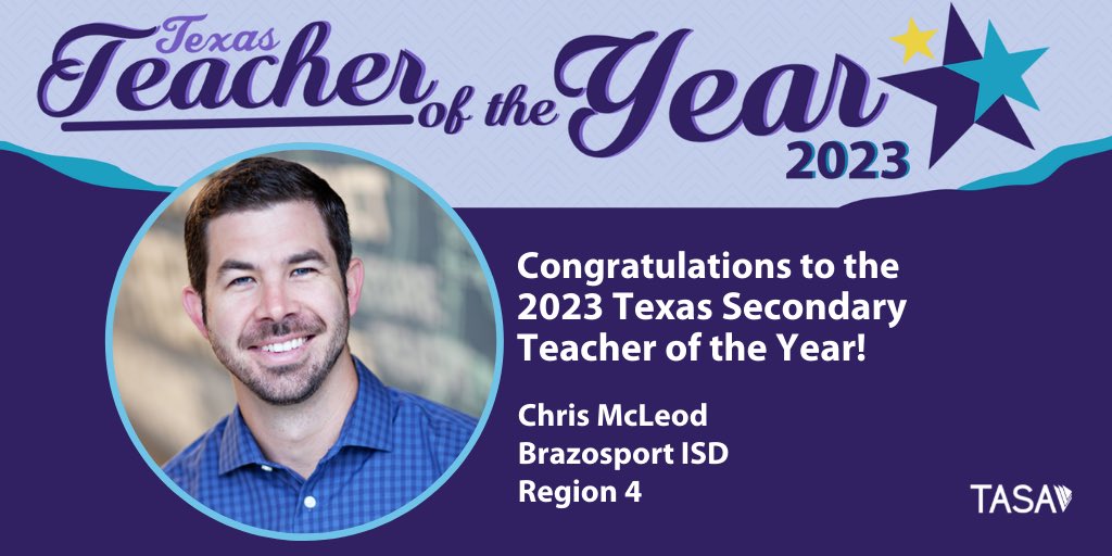 Just announced: Chris McLeod @BrazosportISD named TX Secondary Teacher of the Year! #txed #txtoy #Inspiring Leaders @Region4ESC @TXTeachersCan #TeachersCan