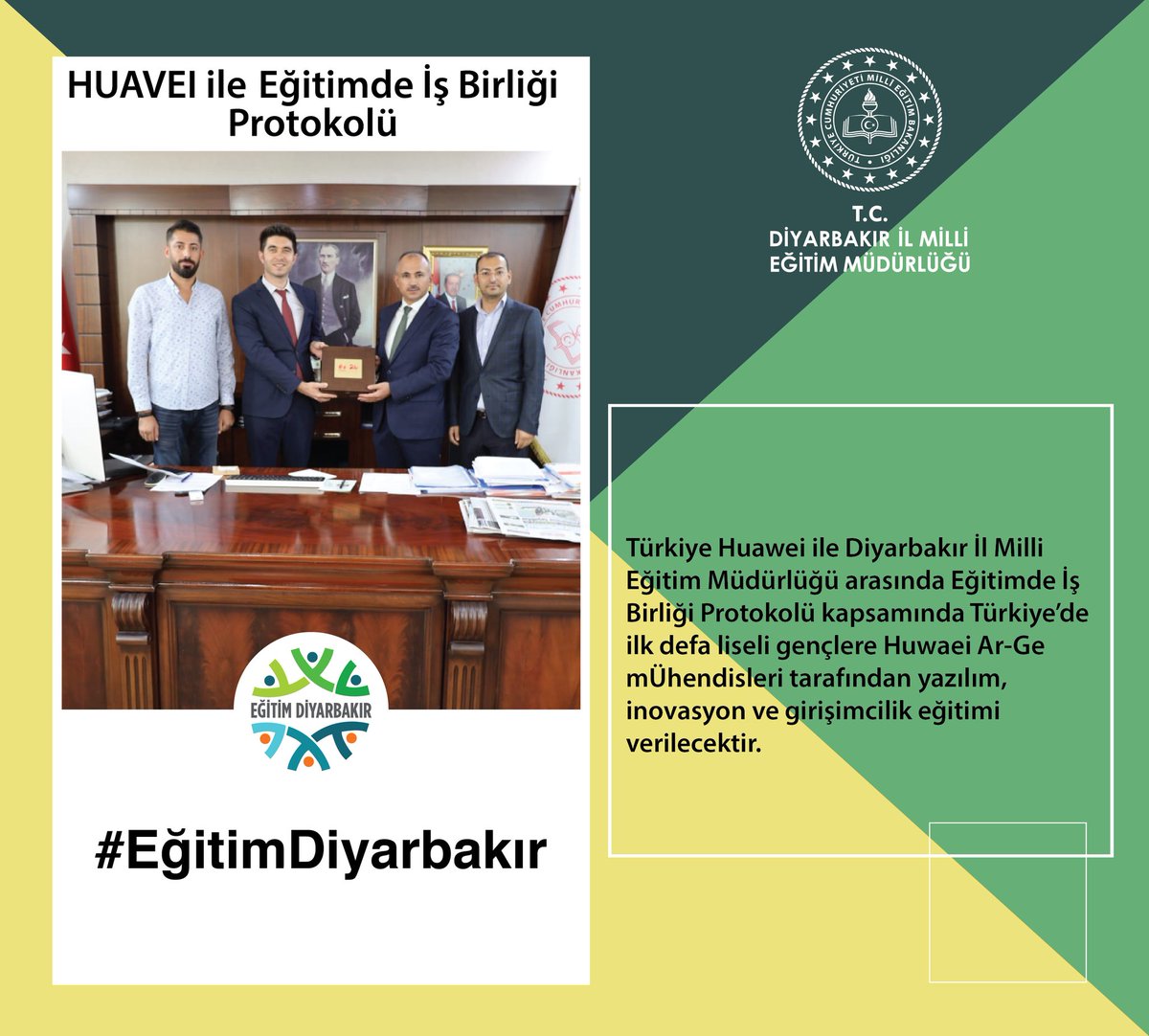 Diyarbakirmem's tweet photo. Huawei Türkiye ile Müdürlüğümüz arasında, eğitimde iş birliği protokolü kapsamında, Türkiye'de ilk defa liseli gençlere👩‍🎓🧑‍🎓 Huwaei Ar-Ge muhendisleri tarafından yazılım💻, inovasyon ve girişimcilik eğitimi verilecek.#EğitimDiyarbakır

@tcmeb 
@aliihsansu_ 
@Murat4Kucukali https://t.co/DXDApN6jnW