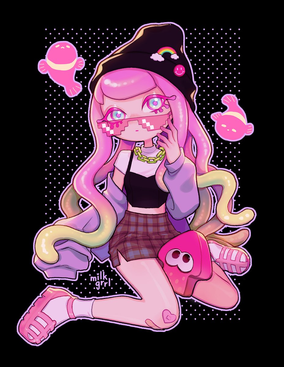 1girl skirt pink hair chain necklace hat pink footwear tentacle hair  illustration images