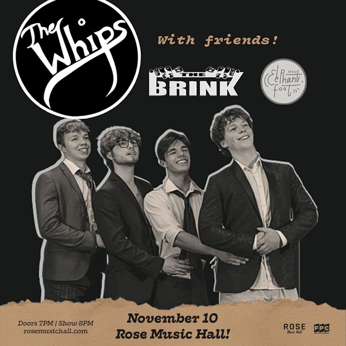 NEXT MONTH! 

We’ve got a fantastic show for you guys with <a href="/thewhipsband/">The Whips</a> and Elephant Foot at Rose Music Hall November 10! Doors at 7pm and tickets on sale now! Just check the link in our bio 😈