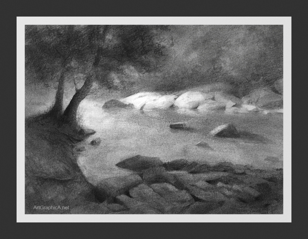 Drawing of river scene in Saint sébastien, Creuse France. Charcoal dust and graphite (8x10in). #sketchbook #drawing #creuse #landscapeart #pencilsketches