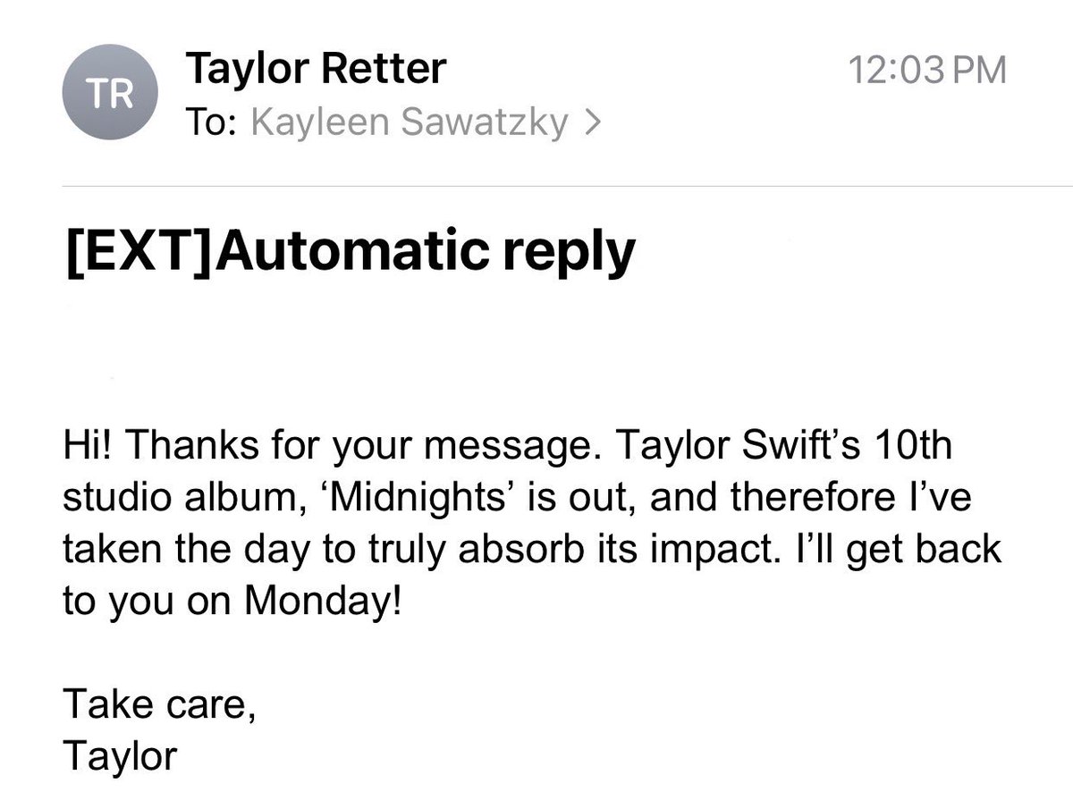 CTVKayleen's tweet photo. A moment of extreme respect and adoration for this out-of-office message from @taylorretter https://t.co/pSdGQklGAj
