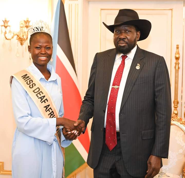 President Salva Kiir met with Josephine Kiden, Miss Deaf Africa 2021 who came to express her gratitude to the president for the support rendered to her when she was shot and injured in Juba. #SouthSudan #SSOT