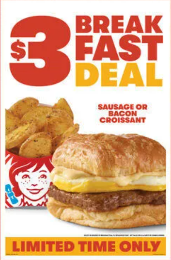 DrewTydeman's tweet image. If you are looking for a high end breakfast at a great price, check out @Wendys for the $3 Bacon or Sausage Egg and Cheese Croissant w/ a small seasoned potato. You don't want to miss out! #ad