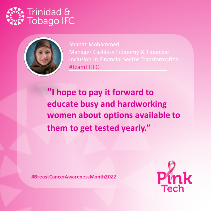 payment_co's tweet image. Tracing the causes, threats and solutions to breast cancer is something we can all do. We join our colleague, Shanaz Mohammed in advocating for early detection and encourage women to get tested yearly. 

#PinkTech #BreastCancerAwareness2022 #TeamTTIFC #TrinidadandTobagoIFC
