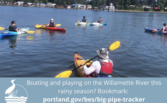 Kayakers on the Willamette River with banner link to portland.gov/bes/big-pipe-tracker