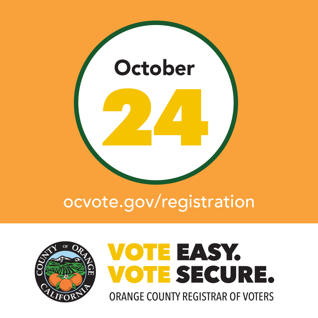 The registration deadline for the November 8, 2022 General Election is one week away! Register to vote or update your registration by October 24. registertovote.ca.gov Not sure if you are registered to vote? Check your registration status at ocvote.gov/verify ✅ @OCGovCA