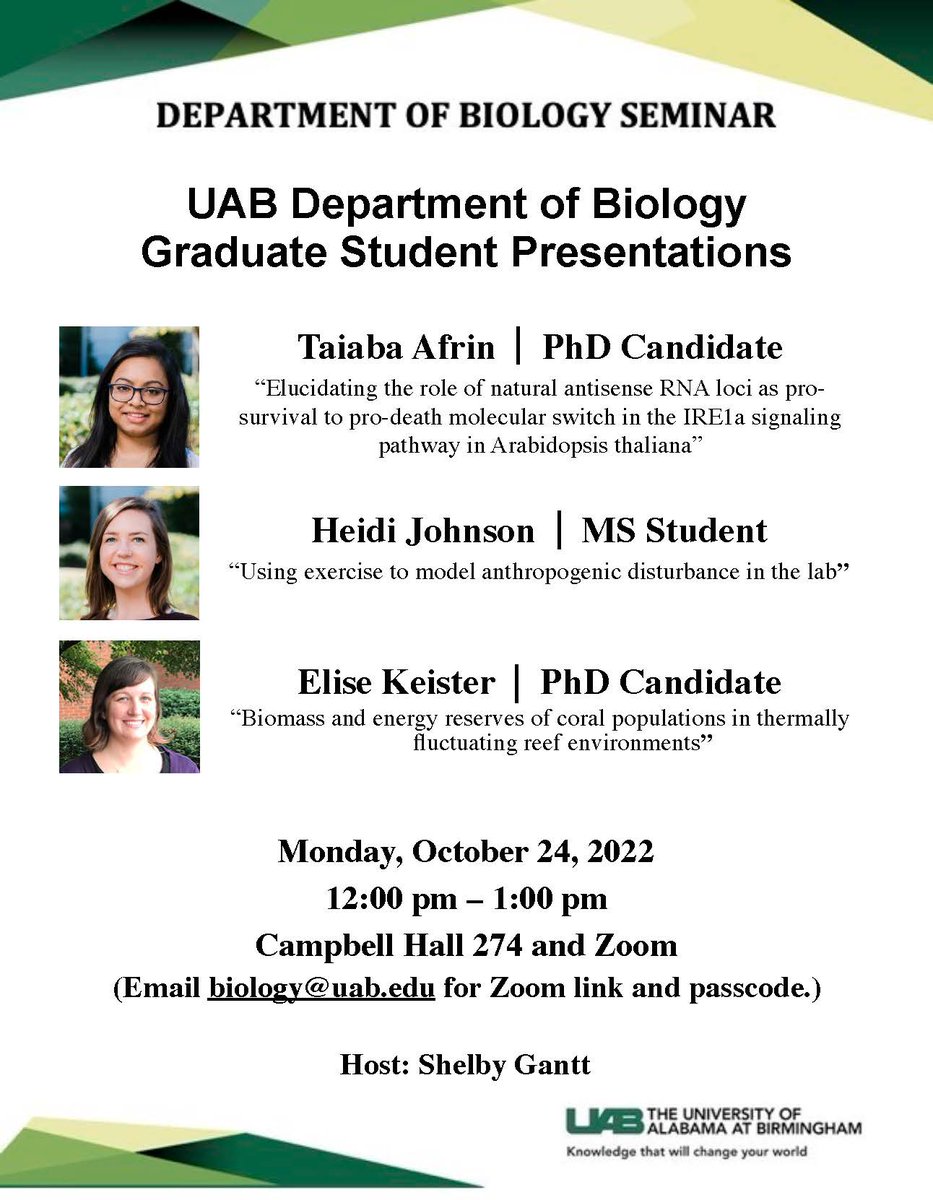 Join us tomorrow for a special Biology Graduate Student Seminar presentation by Taiaba Afrin, Heidi Johnson, and Elise Keister.