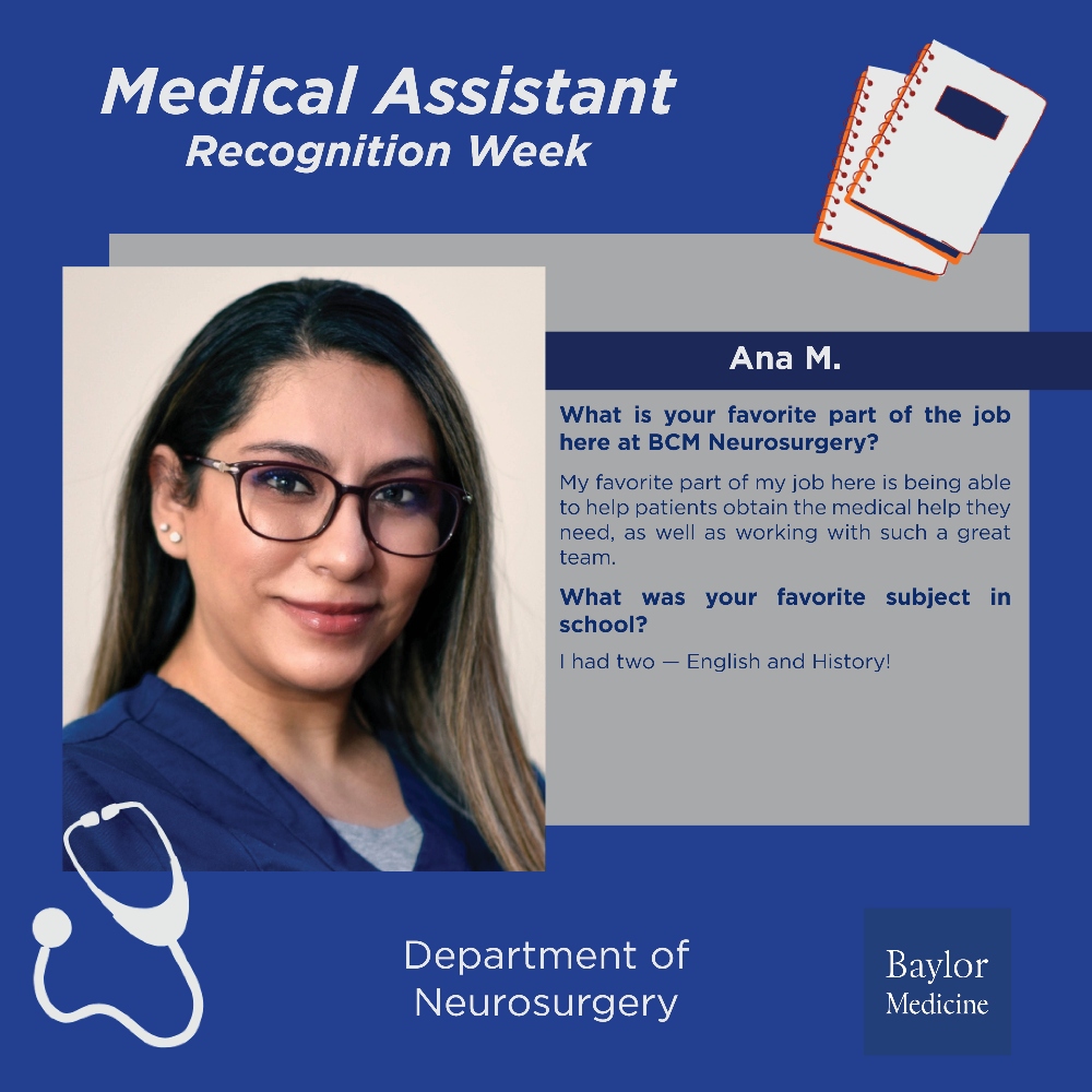 BCMNeurosurgery's tweet image. Did you know that it&apos;s #MedicalAssistantRecognitionWeek? We&apos;re celebrating our #medicalassistants for the crucial role they play here at #BCMNeurosurgery and for their dedication to our patients! 

Meet our wonderful team 🧵