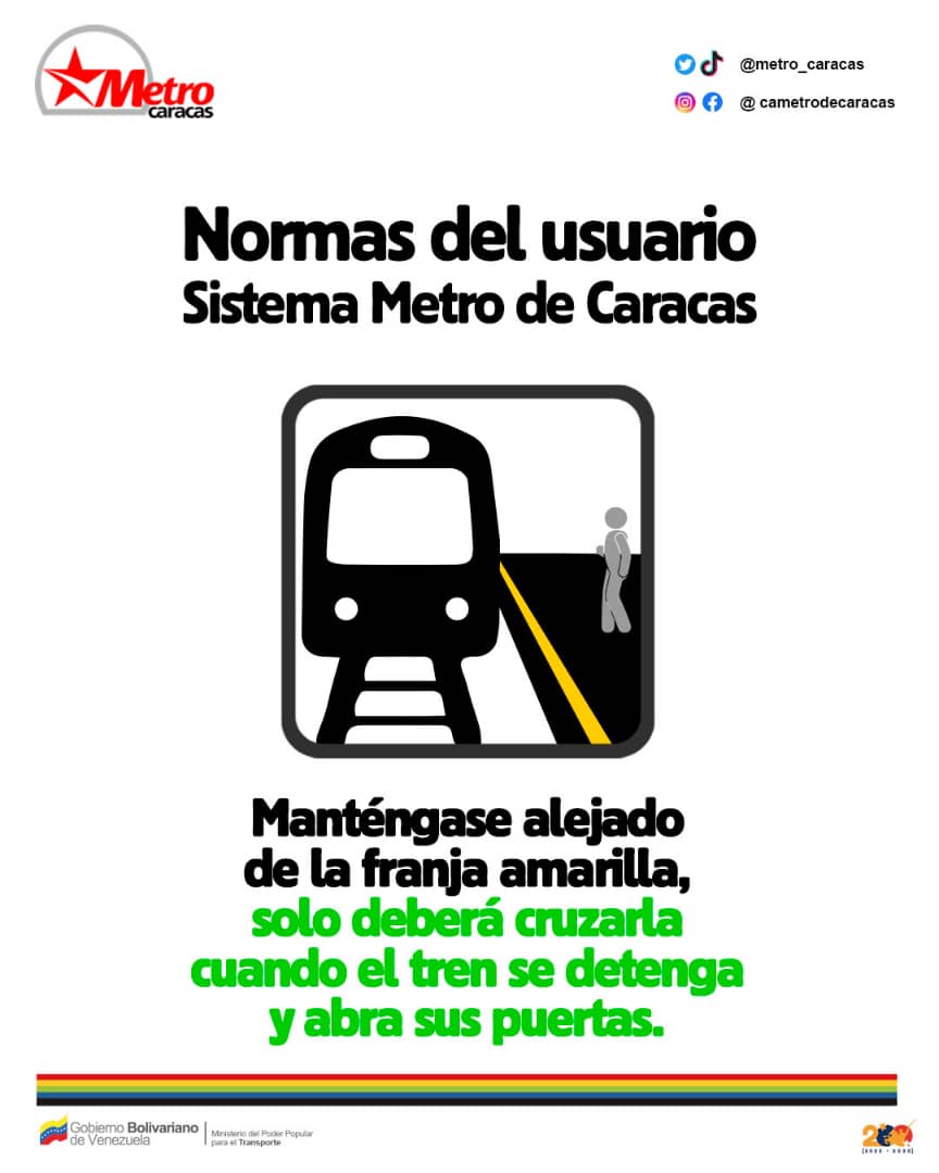 📌 #CumpleLasNormas Mantente alejado de la franja amarilla, recuerda que es el límite de tu seguridad. #ElMetroSeMueveContigo #ElMetroRenace @NicolasMaduro @rvaraguayan @duboulayperozo