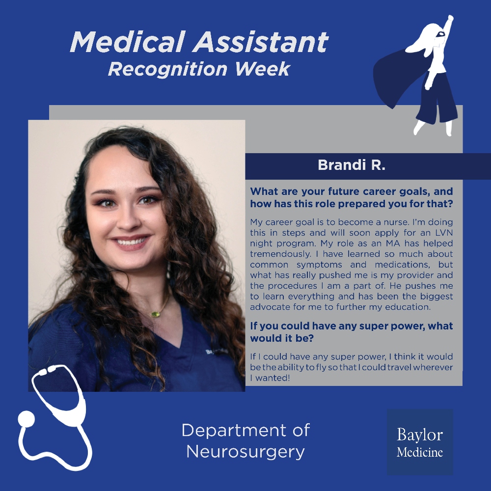 BCMNeurosurgery's tweet image. Did you know that it&apos;s #MedicalAssistantRecognitionWeek? We&apos;re celebrating our #medicalassistants for the crucial role they play here at #BCMNeurosurgery and for their dedication to our patients! 

Meet our wonderful team 🧵